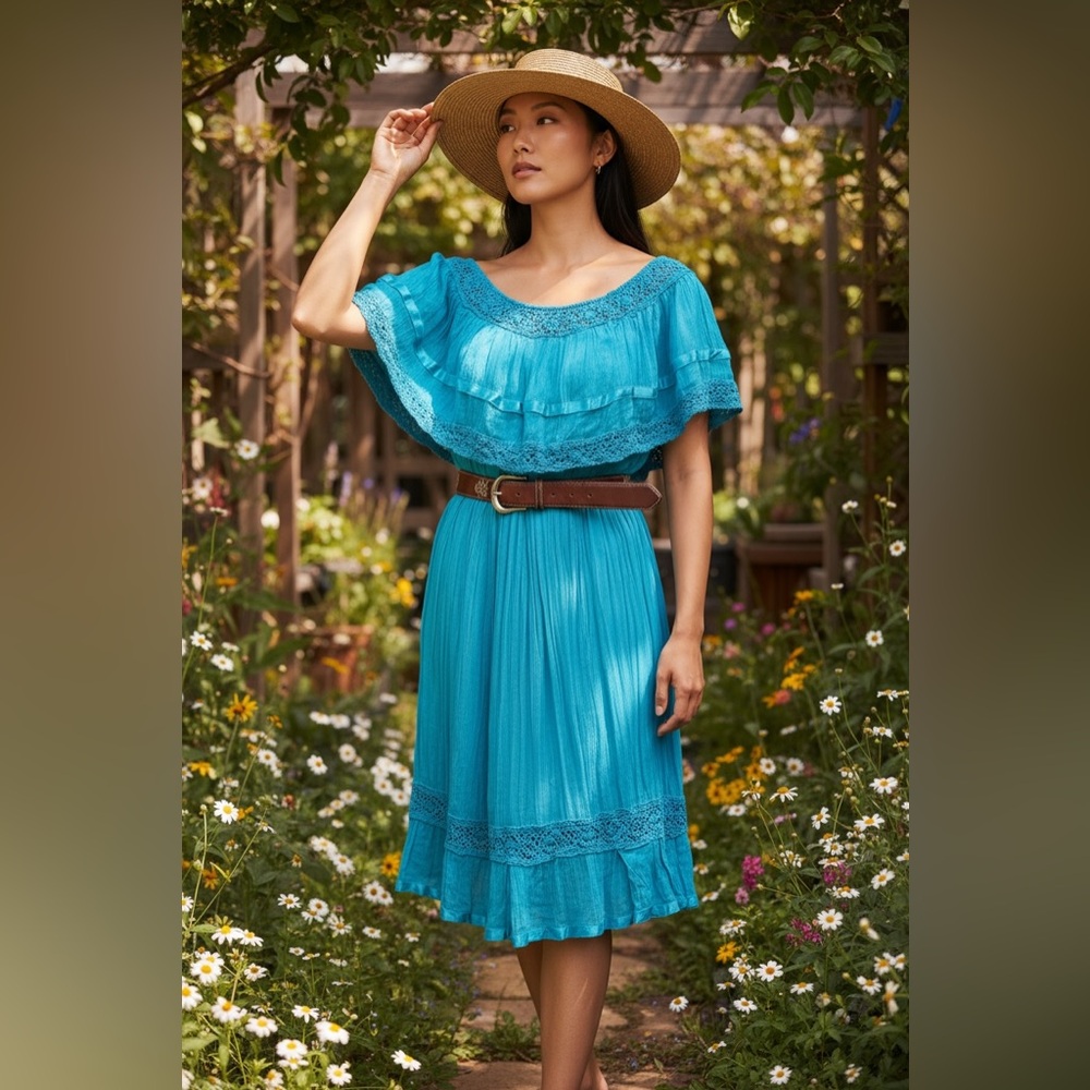 Festive Midi Dress with crotchet trim- One Size - Picture 1 of 6
